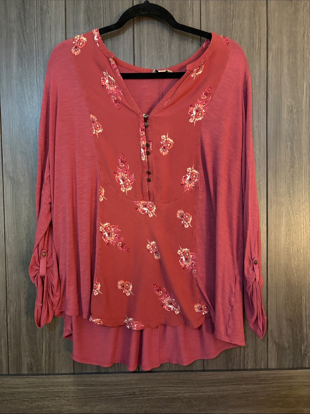 Lucky Brand Rose-Pink Floral Henley Long Sleeve Top